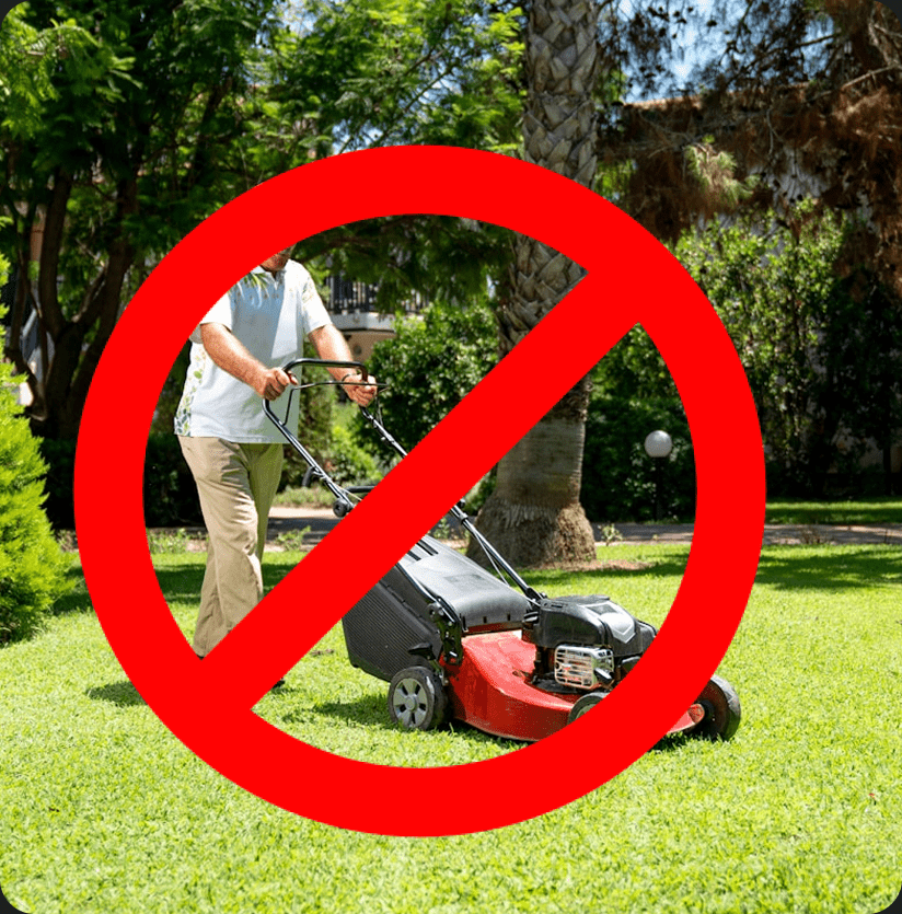 a man mowing a lawn with a large cross through on the image