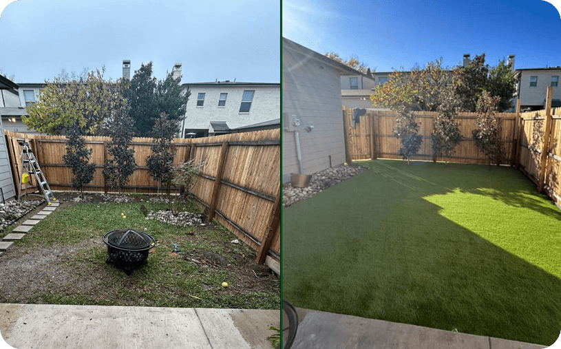 a split screen image of a before and after of a yard
